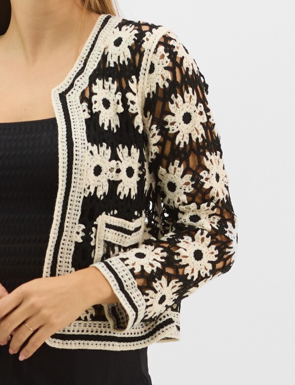 Cardigan Calado Con Bolsillos NEGRO/BEIGE