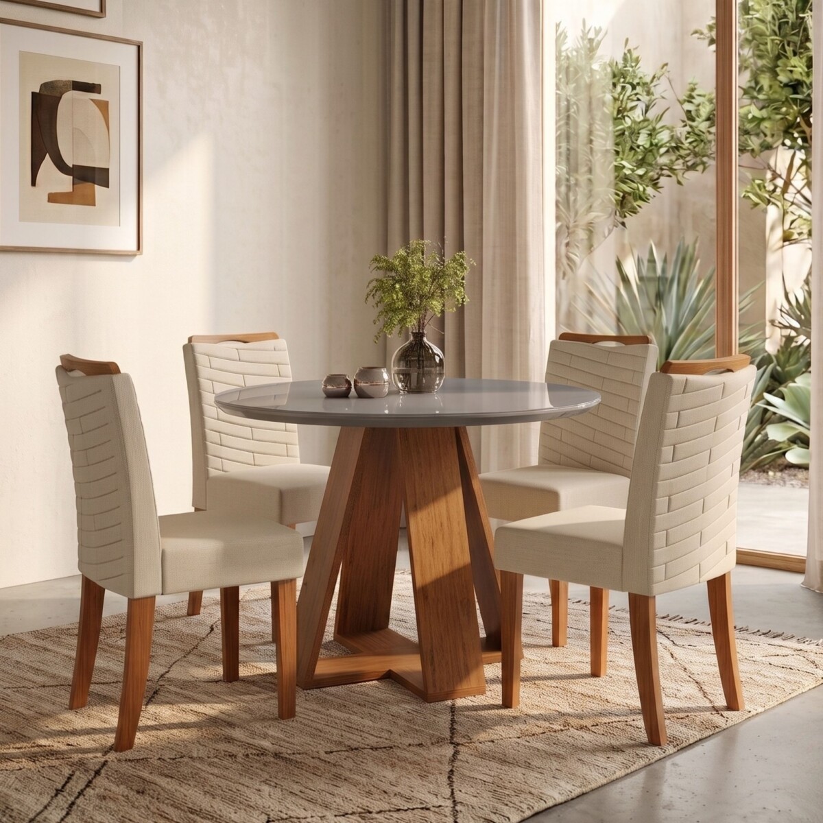 Juego De Comedor 4 Sillas Mesa Redonda - Celeste - Gris / Beige 