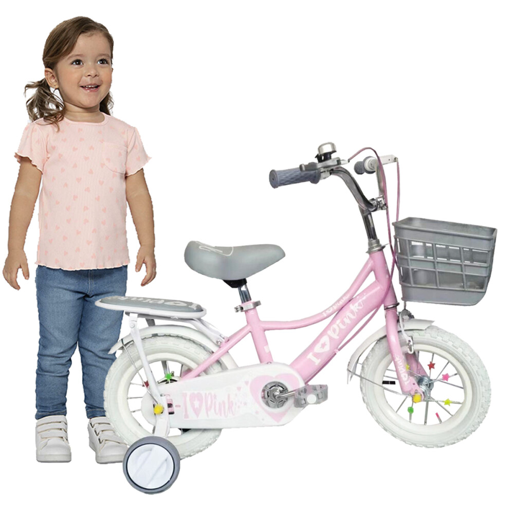 Bicicleta Infantil Rodado 12 Niña Con Rueditas Blancas Y Canasto Rosa