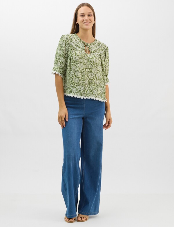Blusa Con Detalle De Encaje Y Lazos VERDE/MULTI