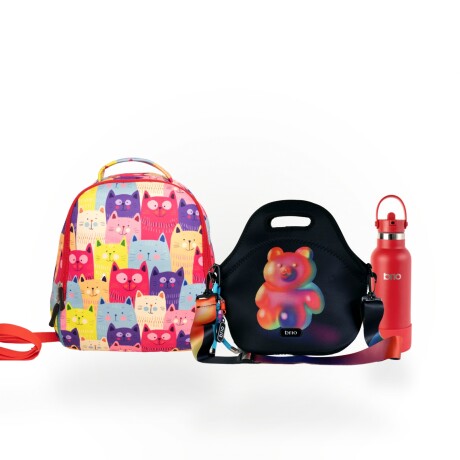 Set de mochila infantil de neopreno, lunchera de neopreno con correa ajustable y botella de acero inoxidable 500ml brio set-teddy