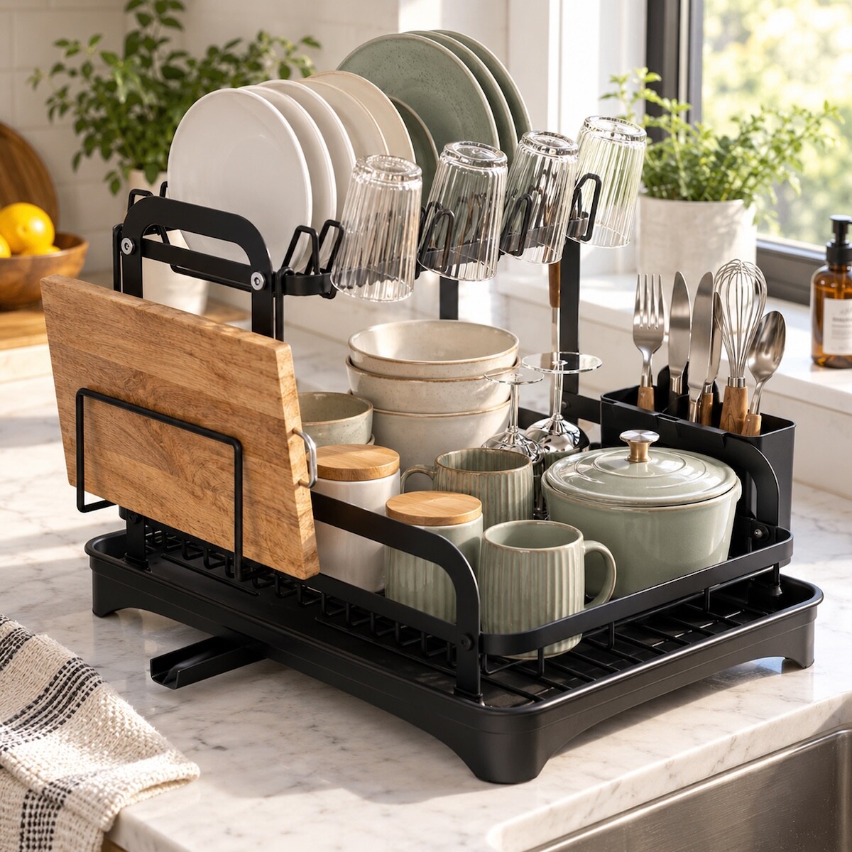 Escurridor Seca Platos Vajilla 2 Niveles Con Bandeja Drenaje Agua Cocina Imback Color Negro 