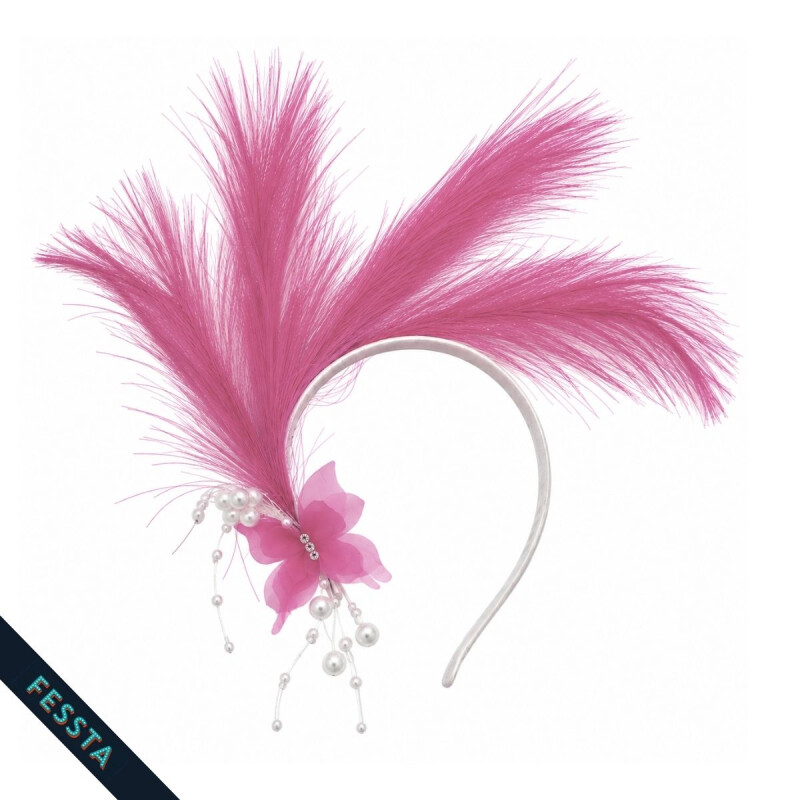Vincha efecto pluma y aplique Rosado