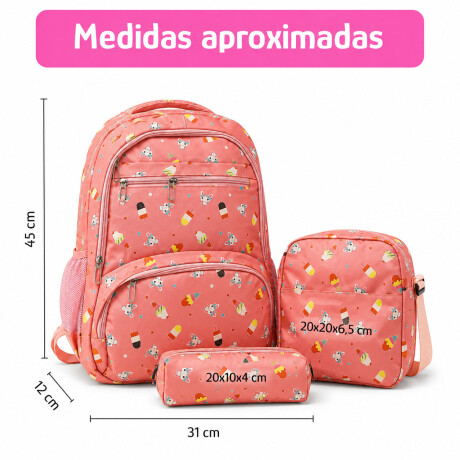 Set Mochila 3 Piezas Estampado Helados Escolar Resistente Rosa