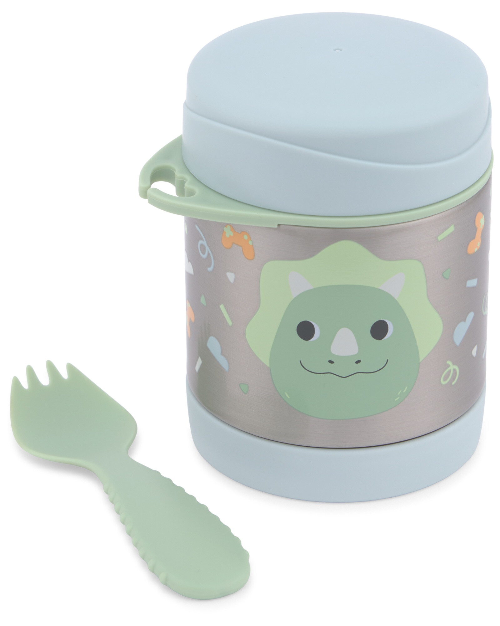 Tupper de acero inoxidable con cubierto, diseño dino Tupper de acero inoxidable con cubierto, diseño dino