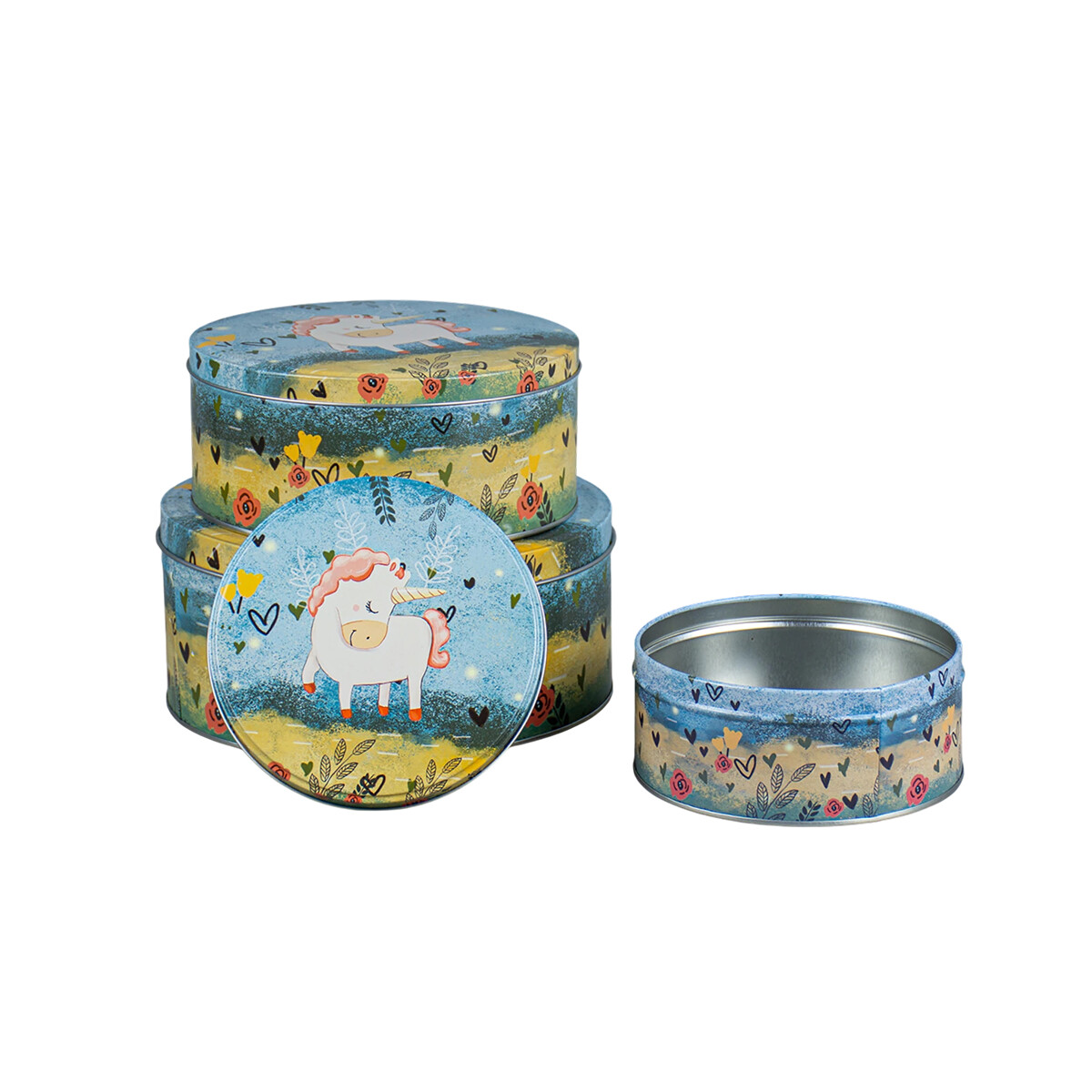 Set x3 latas redondas Unicornio fondo azul 