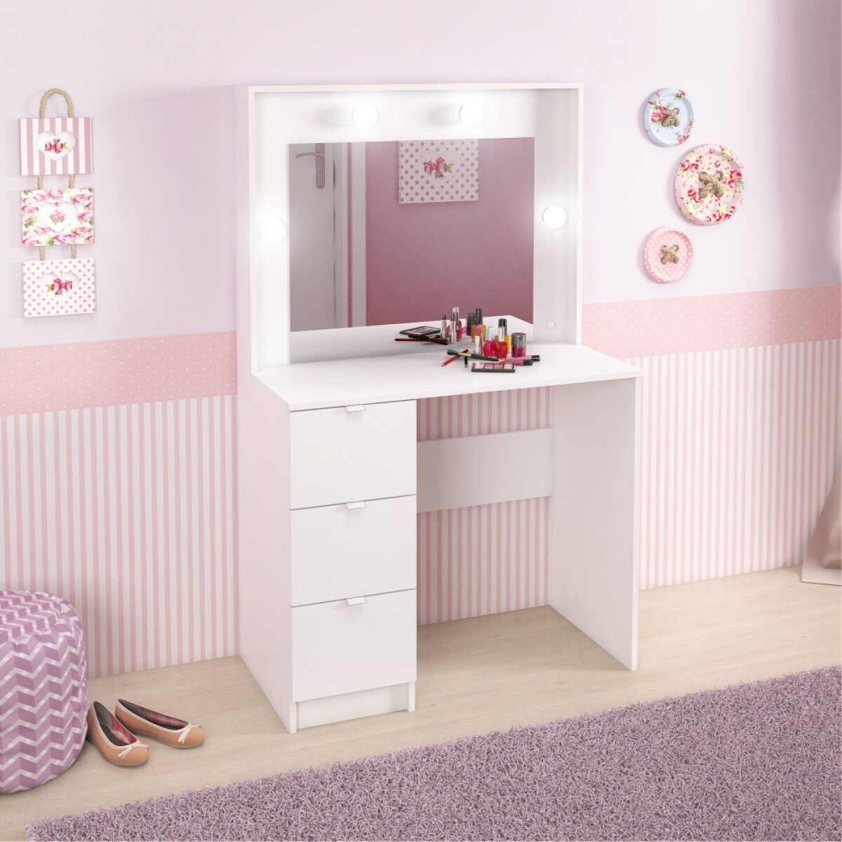 Mueble Tocador Con Espejo Porta Lámparas Luz Maquillaje Con Cajones - MDP - Blanco 