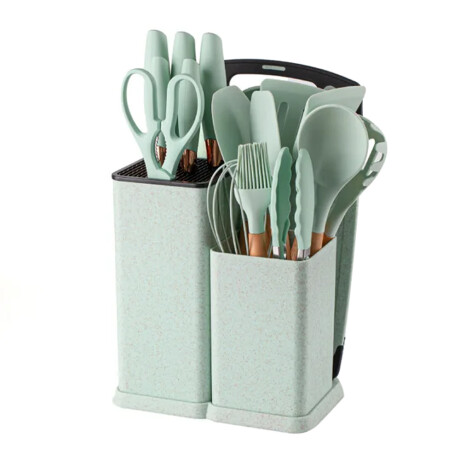 Set Cocina Menage 19Pz Utensillos Cuchillos Tabla c/Soporte Verde Claro