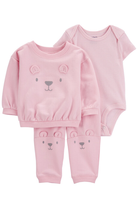 Set tres piezas de algodón, pantalón, buzo y body, diseño oso Set tres piezas de algodón, pantalón, buzo y body, diseño oso