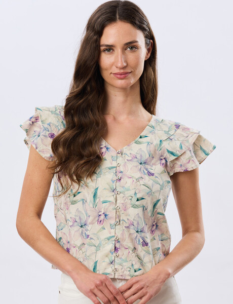 CAMISA DE LINO ESTAMPADA Lila