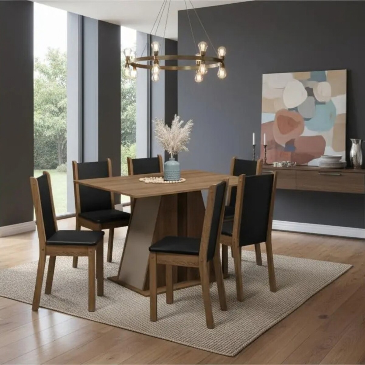 Juego de Comedor Mesa de Madera 6 Sillas Rustico - Negro 