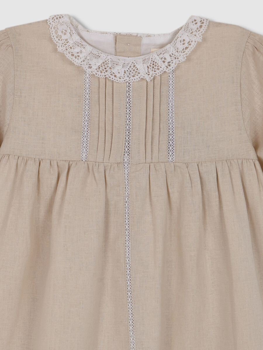 Vestidode Lino Con Tiras Bordadas Marron