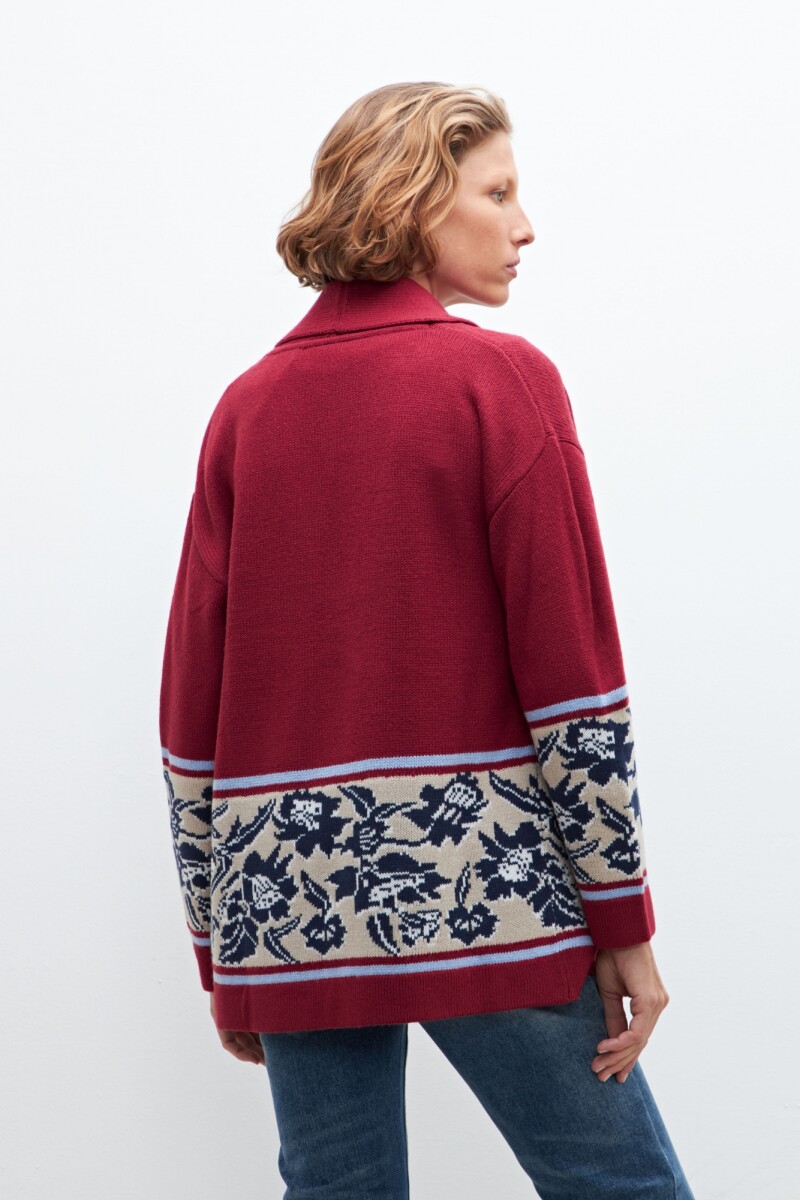 Ruana con guarda jacquard floral bordo