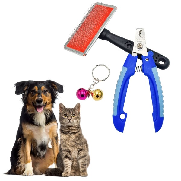 Kit Corta Uñas + Cepillo + Cascabel Mascota Perro Gato Variante Color Azul/Negro