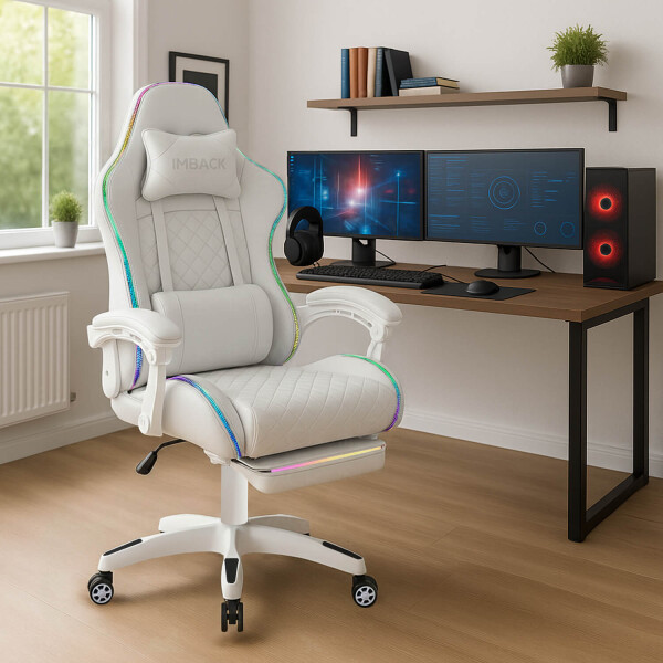 Silla Gamer Con Luces Led Ergonomica Escritorio y apoyapies con Cuero Sintético Imback Color Blanco Silla Gamer Con Luces Led Ergonomica Escritorio y apoyapies con Cuero Sintético Imback Color Blanco