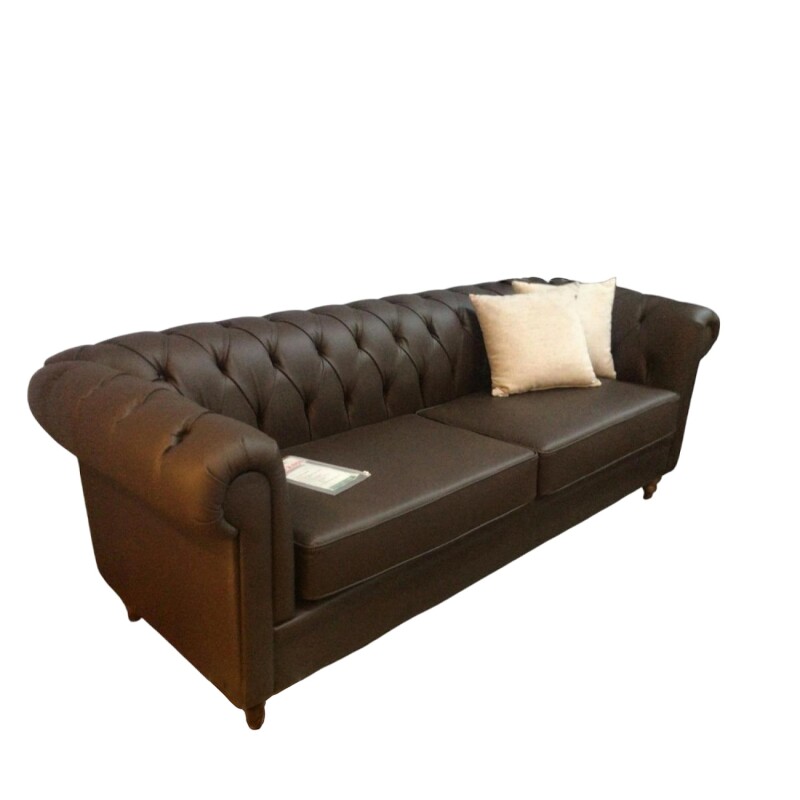 Sofa clasico 3 cuerpos - 100% Cuero marrón - Pata madera clara Sofa clasico 3 cuerpos - 100% Cuero marrón - Pata madera clara