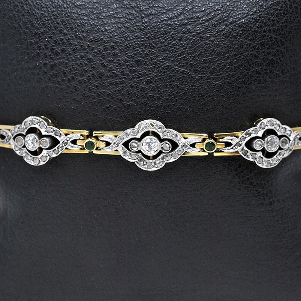Pulsera Antigua En Oro 18K, Brillantes, Diamantes Y Esmeraldas Pulsera Antigua En Oro 18K, Brillantes, Diamantes Y Esmeraldas