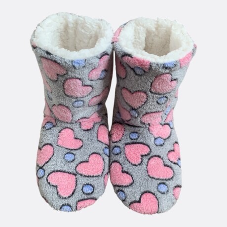 Pantufla Botín Diseño De Corazones Gris/Rosa Fuerte