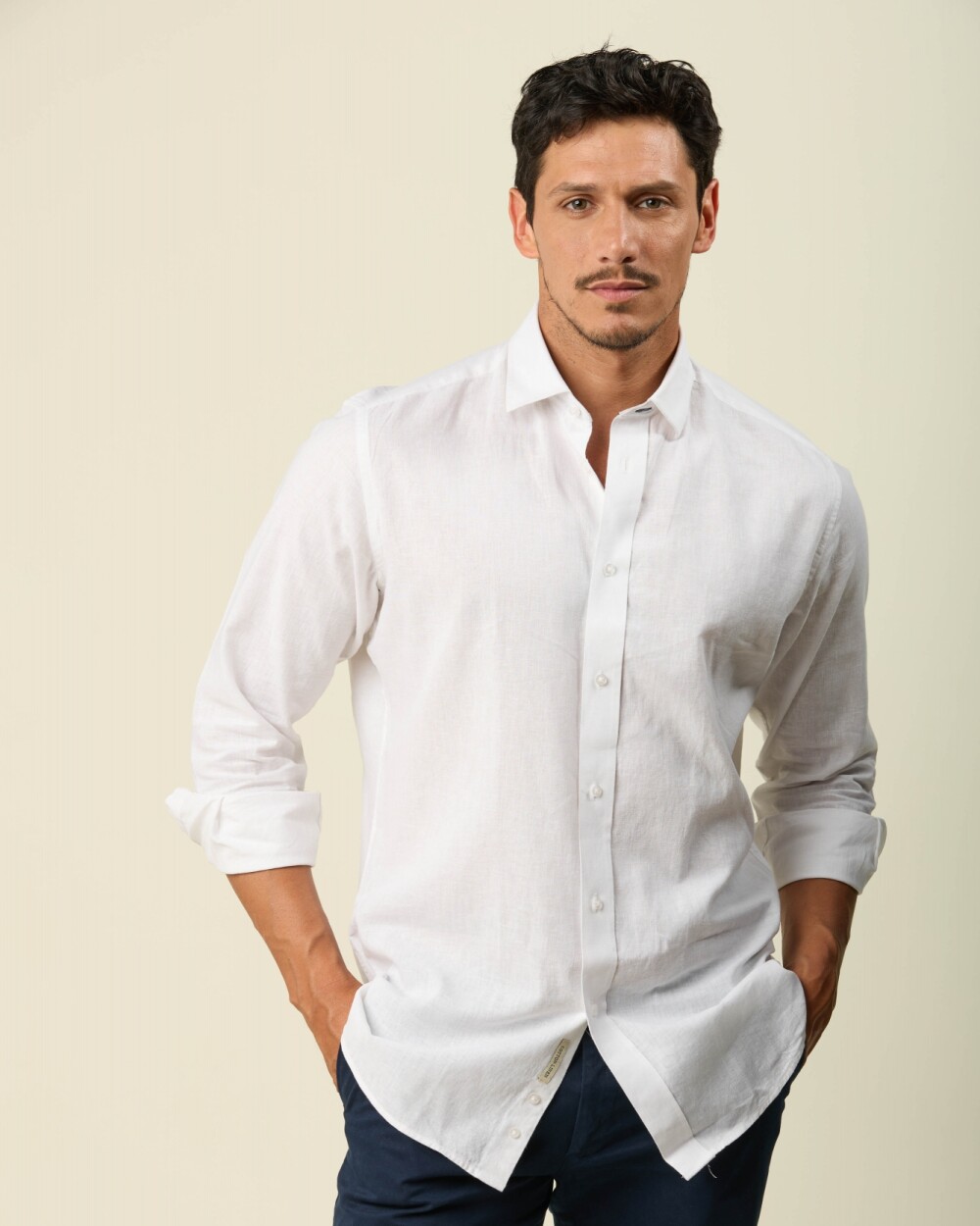 Camisa Lino Algodón Manga Larga Blanco