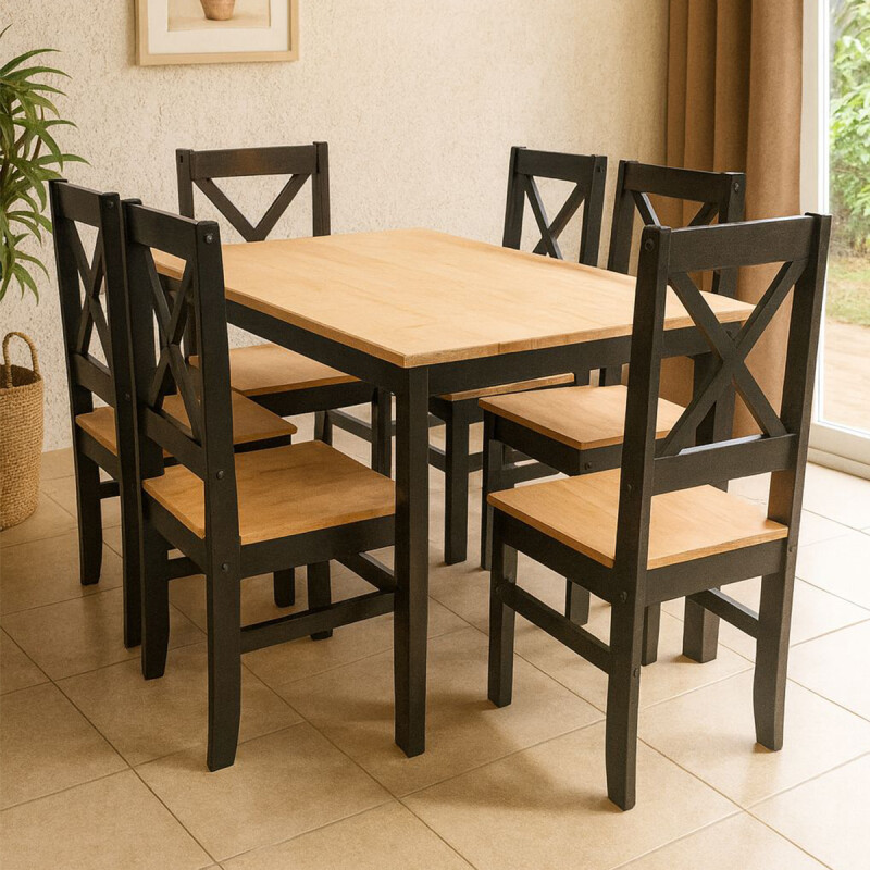 JUEGO DE COMEDOR 6 SILLAS DISEÑO X NEGRAS LUSTRE PU MESA EN CERA 100% PINO Juego De Comedor 6 Sillas Diseño X Negras Lustre Pu Mesa En Cera 100% Pino