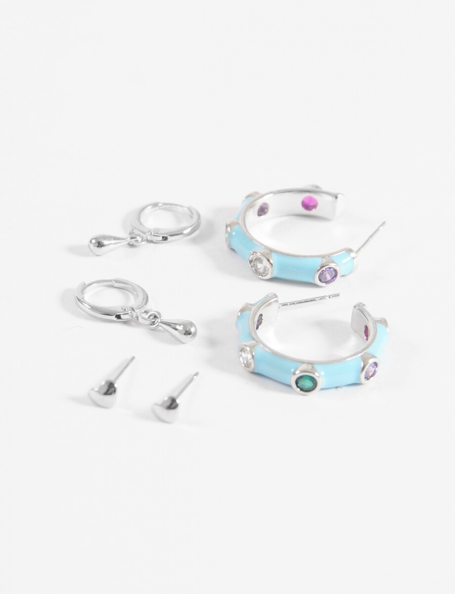 Set aros strass y gota - plateado 