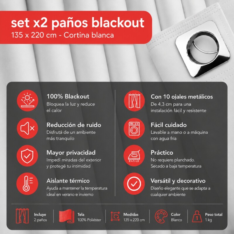 Cortina 100% Blackout set 2 paños 135 x 220 BLANCO