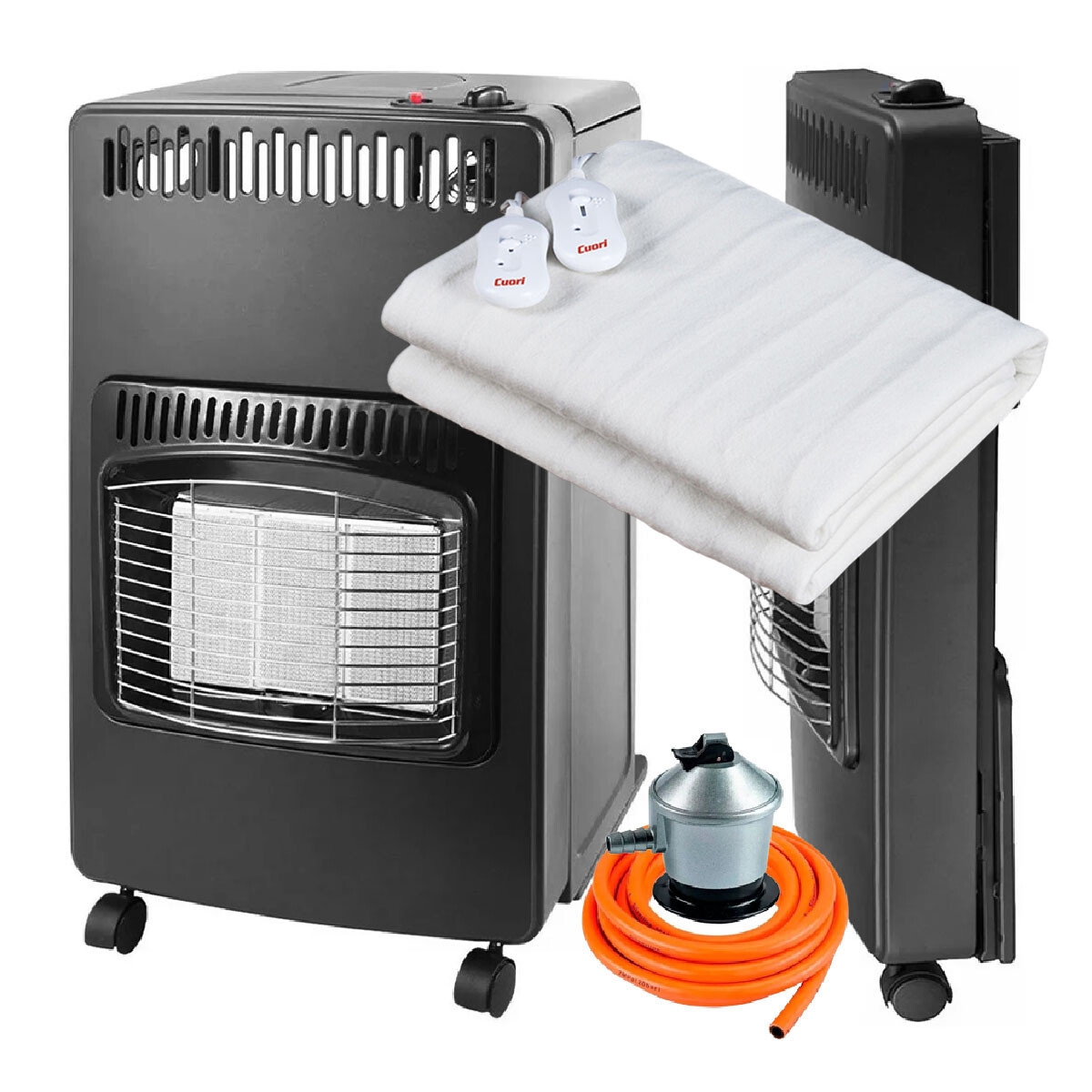 Set Estufa Gas c/Válvula Manguera + Calientacama 2 Pza Cuori - Negro 
