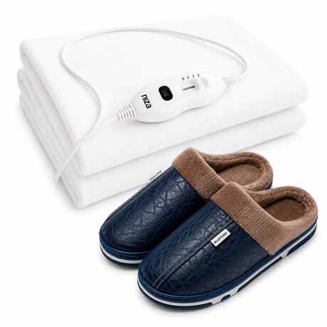 Set Pantufla Cuerina Unisex + Calienta Cama 1 Pza 3 Niveles Azul Marino