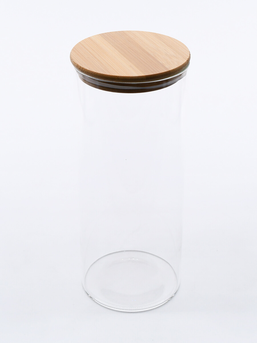 FRASCO VIDRIO TAPA BAMBOO - TRANSPARENTE 