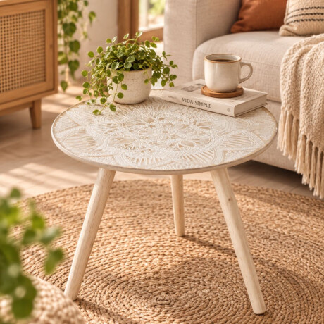 Mesa ratona de madera con mandala labrada Mesa ratona de madera con mandala labrada