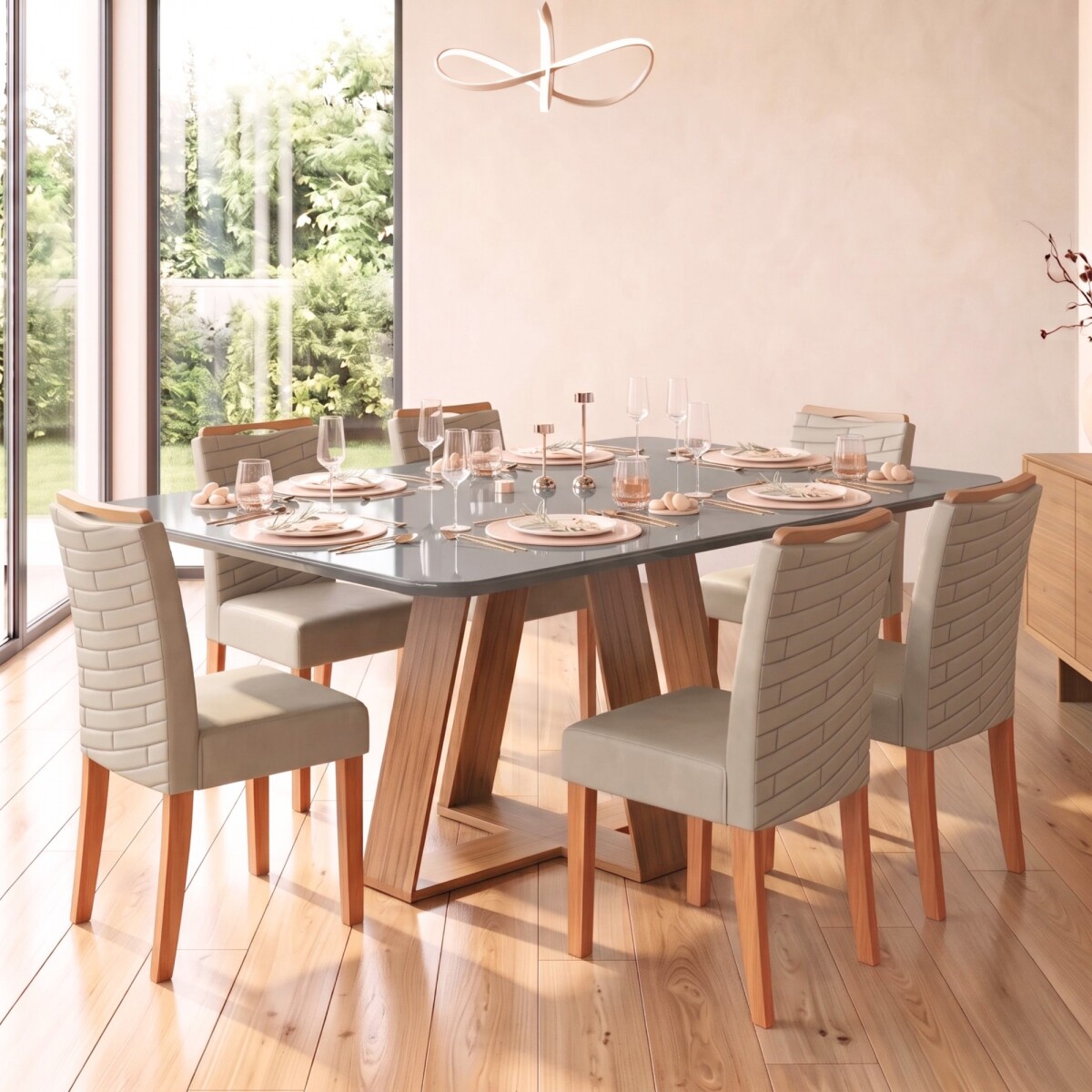 Juego De Comedor - 6 Sillas + Mesa Vidrio - Celeste - Marrón | Gris 