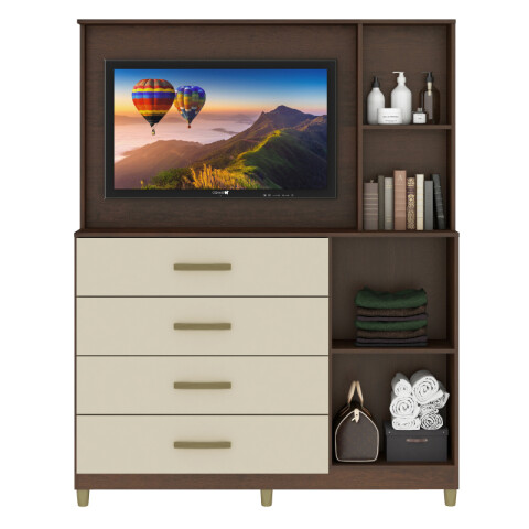 Comoda Cajonera Rack TV de 4 cajones 1 puerta 1 Botiquín con Espejo y Estantes para Dormitorio o Living - FE - R/Champan Comoda Cajonera Rack TV de 4 cajones 1 puerta 1 Botiquín con Espejo y Estantes para Dormitorio o Living - FE - R/Champan