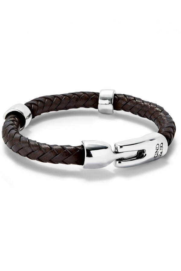 PULSERA CUERO TRENZADA CON 2 CIRCUNFERENCIAS BAÑADAS EN PLATA DE LEY Pulsera