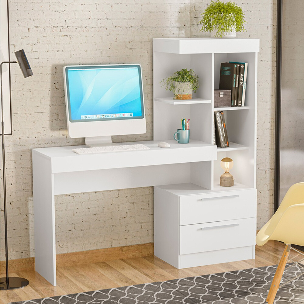 Escritorio PC con estantería y cajones BLANCO - FLEX