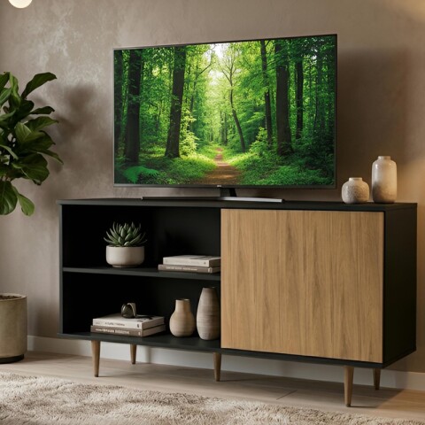 Mueble Rack de Tv PADUA de Piso con Puerta y Estantes 136 cm de Ancho - Negro / Freijo Mueble Rack de Tv PADUA de Piso con Puerta y Estantes 136 cm de Ancho - Negro / Freijo