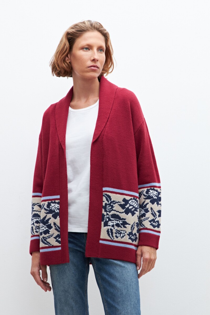 Ruana con guarda jacquard floral bordo