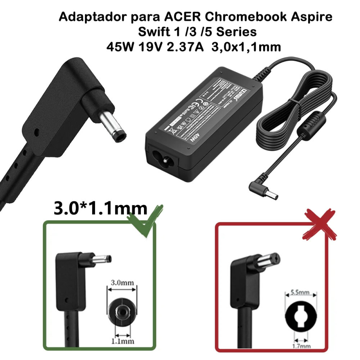 Cargador Para Notebook Acer 19v 65w Pincho Fino 3.0 X 1.0 Mm 