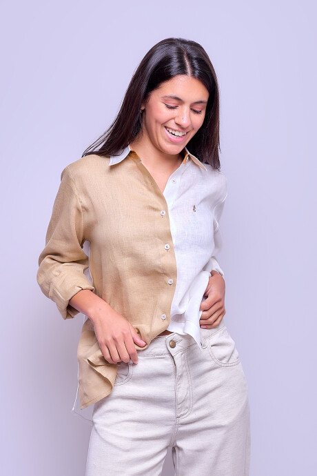 Camisa Suspiro en Lino Combinada Blanco con Camel