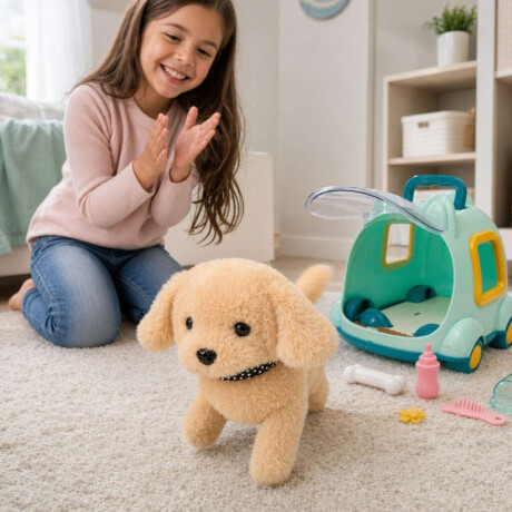Perrito de peluche con caja transportadora Beige