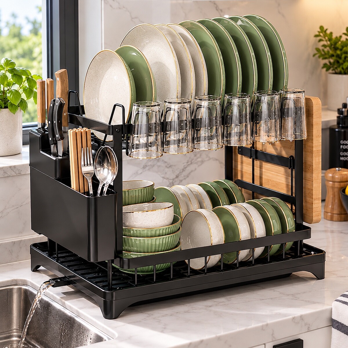 Escurridor Seca Platos Vajilla 2 Niveles Con Bandeja Drenaje Agua Cocina Imback Color Negro 
