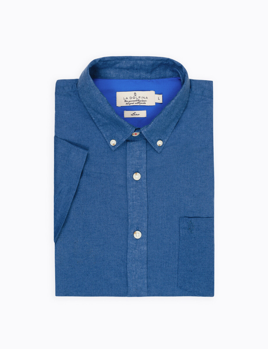 Camisa lino m/c lisa azul
