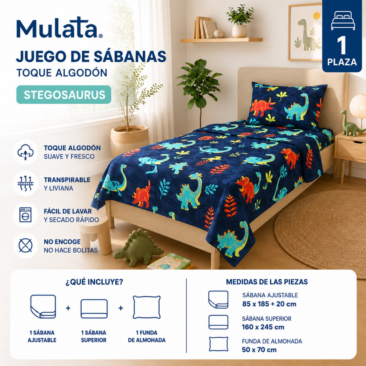 Juego De Sabanas 1 Plaza Toque Algodón Sommier Infantil Dinosaurio - Stegosaurus 