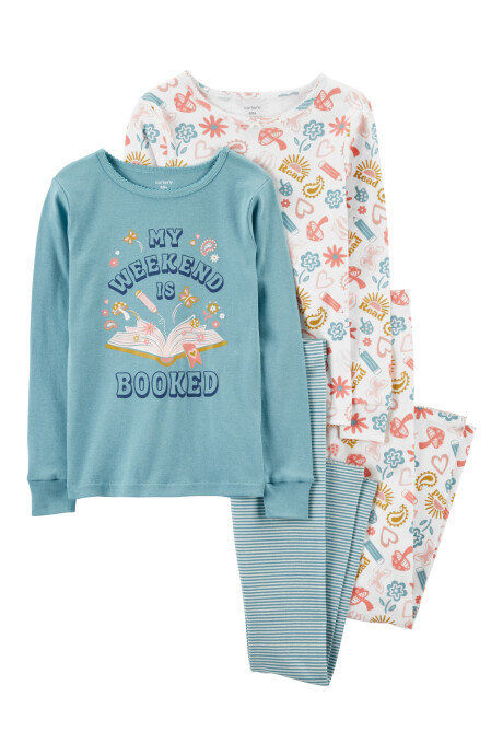 Pijama cuatro piezas de algodón, dos remeras y dos pantalones, diseños vacaciones Sin color