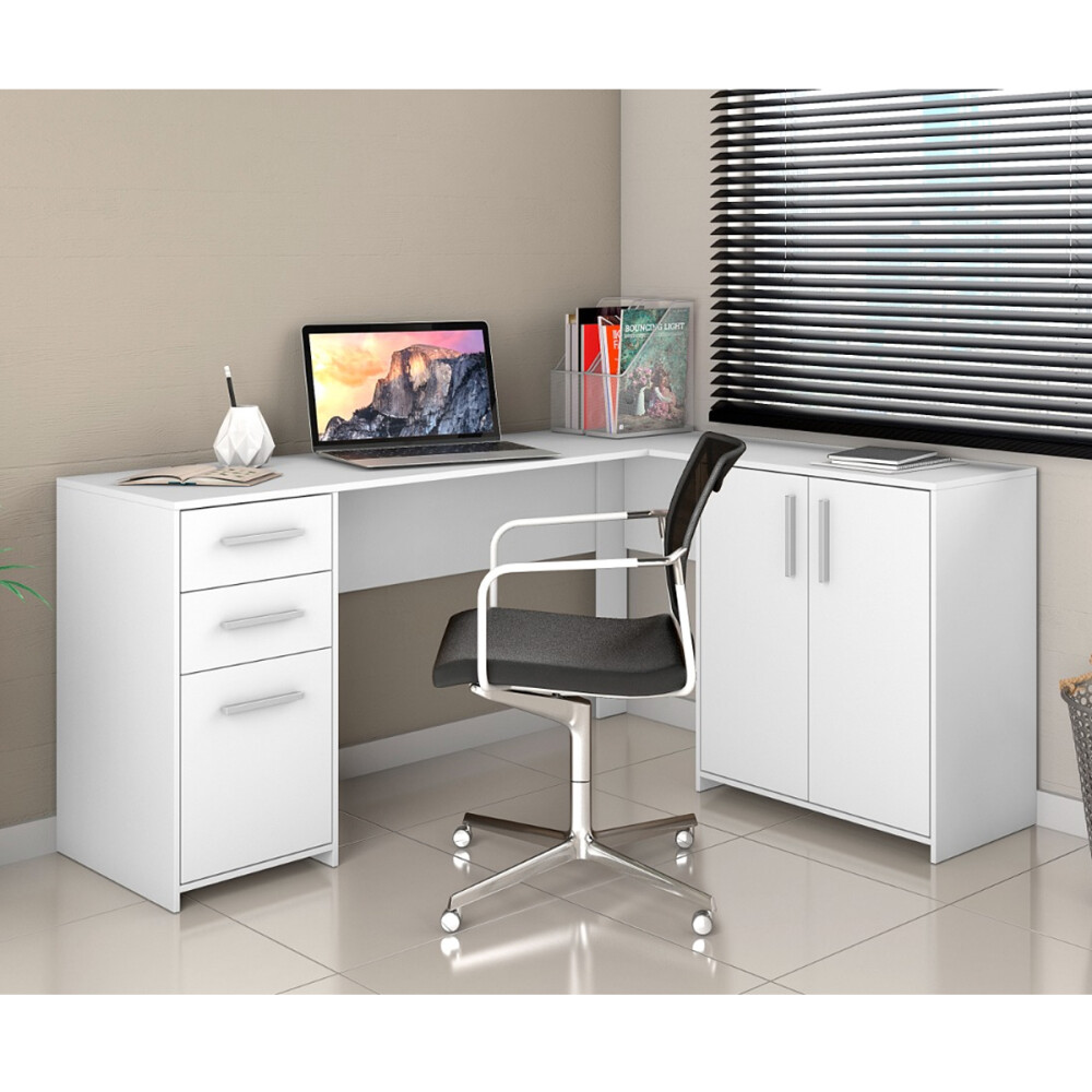 ESCRITORIO ESQUINERO MESA PARA PC LAPTOP COMPUTADORA 2 PUERTAS 2 CAJONES BLANCO