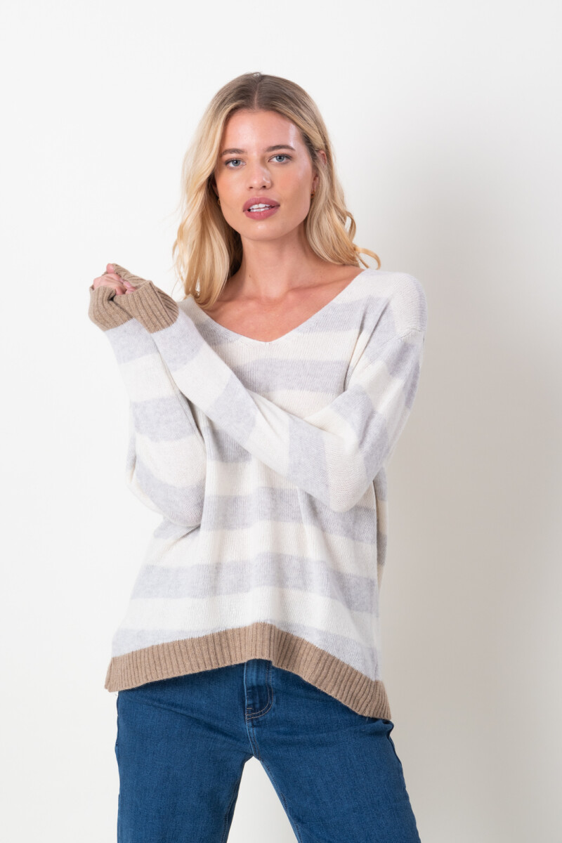 Sweater Cashmere a rayas - Gris 