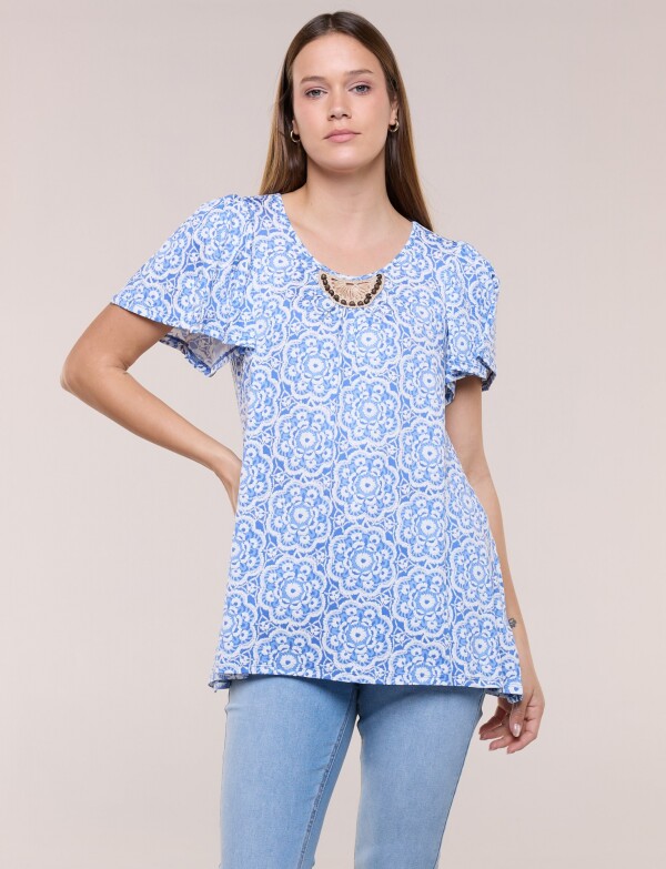 Blusa Mandalas Con Aplique étnico Y Mangas Volado BLANCO/AZUL