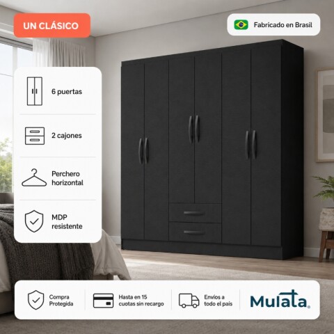 Armario Ropero Placard de 6 Puertas Línea Plus con 2 Cajones y Perchero Horizontal - MDP - Negro Armario Ropero Placard de 6 Puertas Línea Plus con 2 Cajones y Perchero Horizontal - MDP - Negro