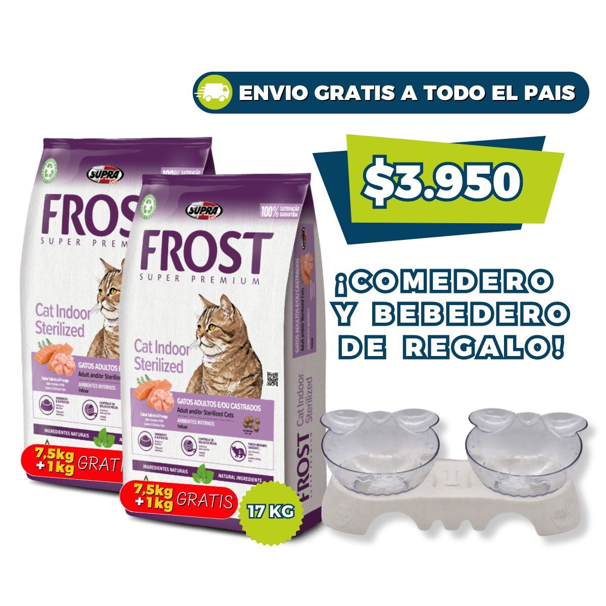 FROST GATOS ADULTOS Y/O CASTRADOS - 2 BOLSAS DE 7,5 KG + 2 KG GRATIS + COMEDERO Y BEBEDERO DE REGALO 