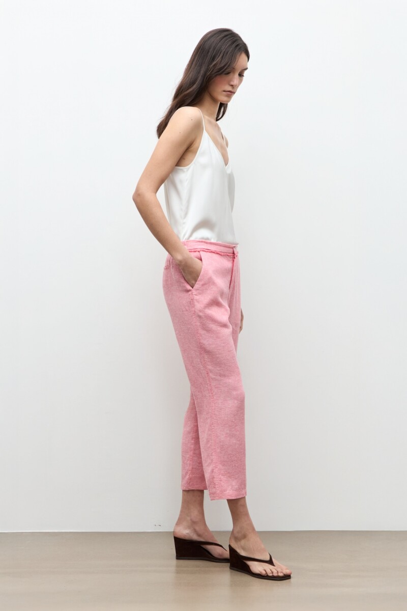Pantalon capri lino detalle desflecado rosado melange