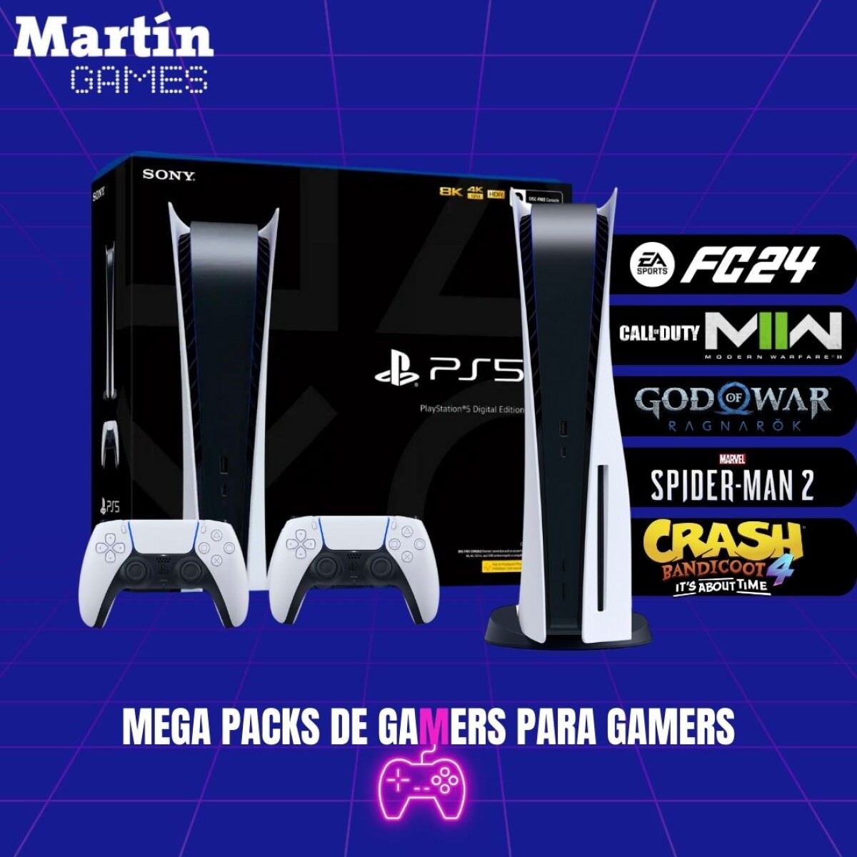 MEGA PACK PS5 PLAYSTATION 5 0KM DIGITAL + 2 JOYSTICKS + 5 JUEGOS 